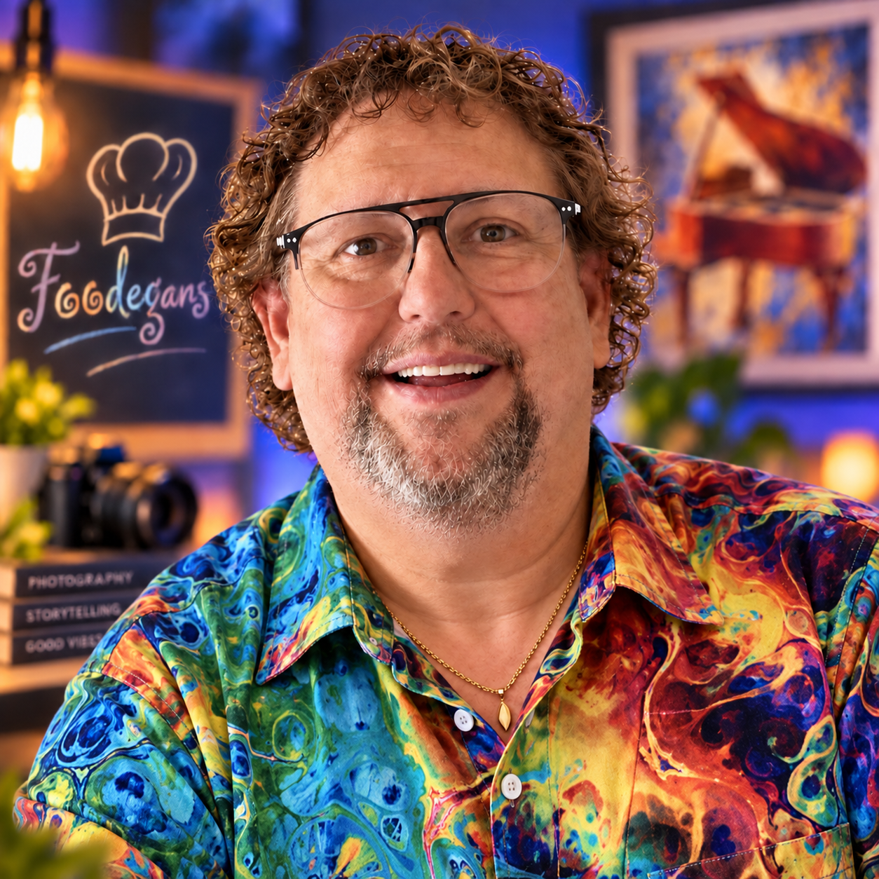 Creative portrait of Kenn E. Lucas in a colorful shirt, in a studio reflecting photography, storytelling, food, and music